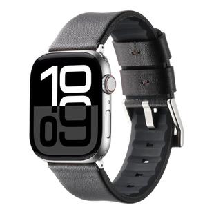 For Apple Watch Series 10 42mm Genuine Leather Hybrid Silicone Watch Band(Coffee Sliver Buckle)