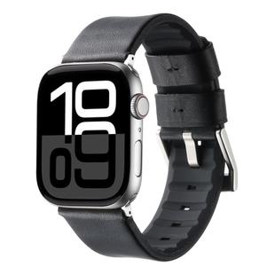 For Apple Watch Series 10 46mm Genuine Leather Hybrid Silicone Watch Band(Black Sliver Buckle)