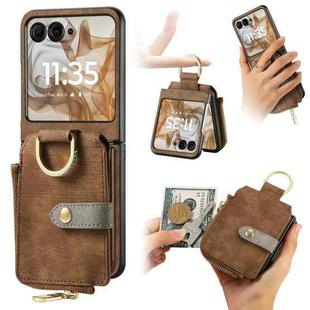 For Motorola Razr 50 Retro Ring Vertical Zipper Wallet Phone Case(Brown)