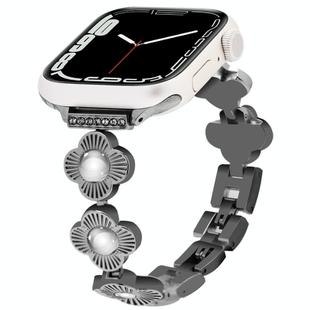 For Apple Watch Series 7 45mm Four Leaf Clover Quick-Release Metal Chain Watch Band(Black)