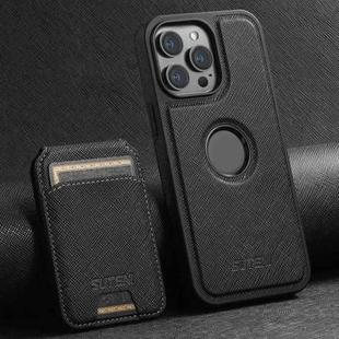 For iPhone 15 Pro Suteni M2 Cross-Grain MagSafe Vertical Card Back Phone Case(Black)