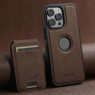 For iPhone 15 Pro Suteni M2 Cross-Grain MagSafe Vertical Card Back Phone Case(Brown)