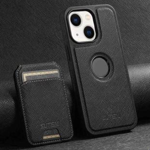 For iPhone 14 Plus Suteni M2 Cross-Grain MagSafe Vertical Card Back Phone Case(Black)