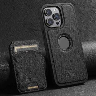 For iPhone 14 Pro Suteni M2 Cross-Grain MagSafe Vertical Card Back Phone Case(Black)