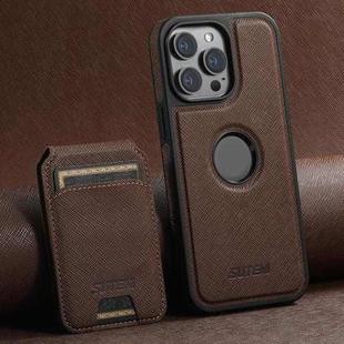 For iPhone 14 Pro Suteni M2 Cross-Grain MagSafe Vertical Card Back Phone Case(Brown)