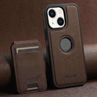 For iPhone 13 Suteni M2 Cross-Grain MagSafe Vertical Card Back Phone Case(Brown)