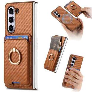 For Samsung Galaxy Z Fold6 Carbon Fiber Ring Card Bag Magsafe Phone Case(Brown)