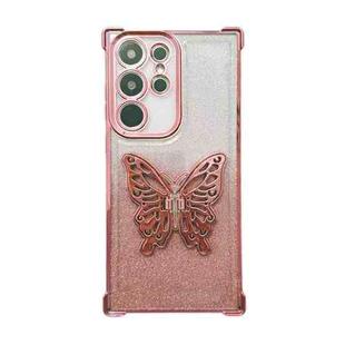 For Samsung Galaxy S23 Ultra 5G Electroplated Glitter 3D Butterfly Four-corner Shockproof TPU Phone Case(Gradient Pink)