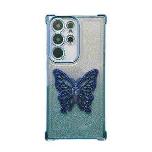 For Samsung Galaxy S22 Ultra 5G Electroplated Glitter 3D Butterfly Four-corner Shockproof TPU Phone Case(Gradient Blue)