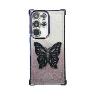 For Samsung Galaxy S22 Ultra 5G Electroplated Glitter 3D Butterfly Four-corner Shockproof TPU Phone Case(Gradient Purple)