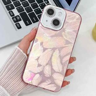 For iPhone 15 Plating Glitter Texture TPU Phone Case with Lens Film(Pink Feathers)