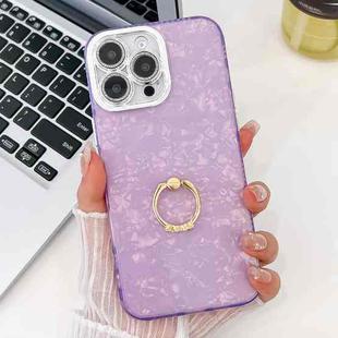 For iPhone 16 Pro Plating Glitter Texture Ring Holder TPU Phone Case with Lens Film(Purple Shell Pattern)