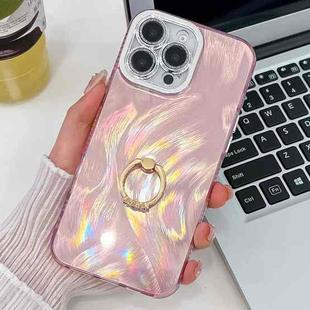 For iPhone 16 Pro Plating Glitter Texture Ring Holder TPU Phone Case with Lens Film(Pink Feather Yarn)