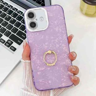 For iPhone 16 Plus Plating Glitter Texture Ring Holder TPU Phone Case with Lens Film(Purple Shell Pattern)