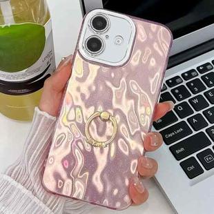 For iPhone 16 Plus Plating Glitter Texture Ring Holder TPU Phone Case with Lens Film(Pink Wrinkles)