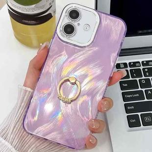 For iPhone 16 Plus Plating Glitter Texture Ring Holder TPU Phone Case with Lens Film(Purple Feather Yarn)