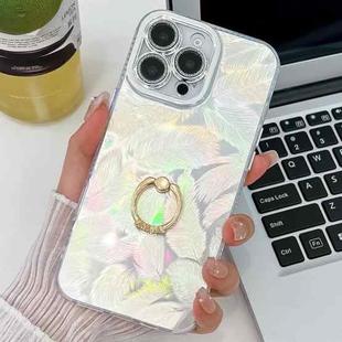 For iPhone 15 Pro Max Plating Glitter Texture Ring Holder TPU Phone Case with Lens Film(White Feathers)