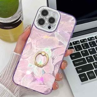 For iPhone 15 Pro Plating Glitter Texture Ring Holder TPU Phone Case with Lens Film(Purple Feathers)