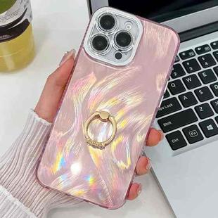 For iPhone 15 Pro Plating Glitter Texture Ring Holder TPU Phone Case with Lens Film(Pink Feather Yarn)