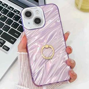 For iPhone 15 Plating Glitter Texture Ring Holder TPU Phone Case with Lens Film(Purple Water Ripples)