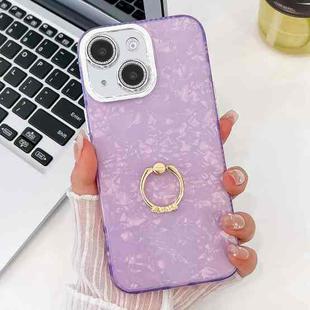 For iPhone 15 Plating Glitter Texture Ring Holder TPU Phone Case with Lens Film(Purple Shell Pattern)