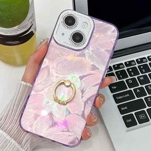 For iPhone 15 Plating Glitter Texture Ring Holder TPU Phone Case with Lens Film(Purple Feathers)