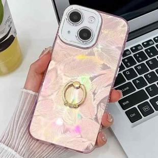 For iPhone 13 Plating Glitter Texture Ring Holder TPU Phone Case with Lens Film(Pink Feathers)