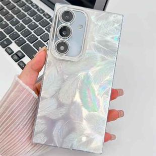 For Samsung Galaxy S24 FE 5G Plating Glitter Texture TPU Phone Case with Lens Film(White Feathers)