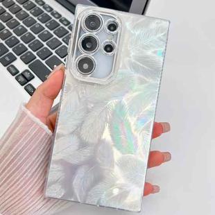For Samsung Galaxy S25 Ultra 5G Plating Glitter Texture TPU Phone Case with Lens Film(White Feathers)