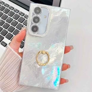 For Samsung Galaxy S24 FE 5G Plating Glitter Texture Ring Holder TPU Phone Case with Lens Film(White Tinfoil Texture)