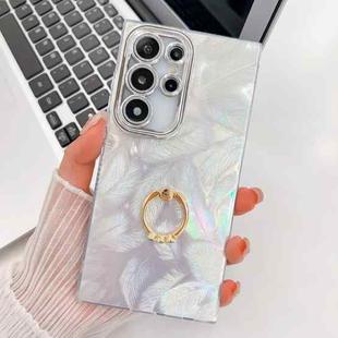 For Samsung Galaxy S23 Ultra 5G Plating Glitter Texture Ring Holder TPU Phone Case with Lens Film(White Feathers)