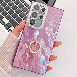 For Samsung Galaxy S23 Ultra 5G Plating Glitter Texture Ring Holder TPU Phone Case with Lens Film(Purple Wrinkles)