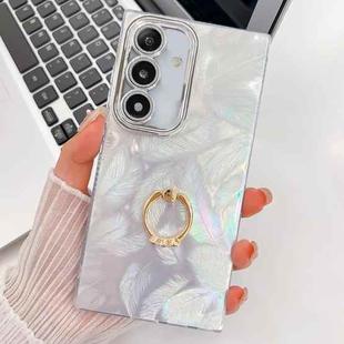 For Samsung Galaxy A36 5G Plating Glitter Texture Ring Holder TPU Phone Case with Lens Film(White Feathers)