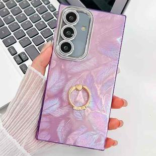 For Samsung Galaxy A36 5G Plating Glitter Texture Ring Holder TPU Phone Case with Lens Film(Purple Feathers)