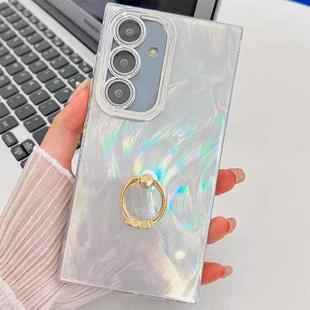For Samsung Galaxy A36 5G Plating Glitter Texture Ring Holder TPU Phone Case with Lens Film(White Feather Yarn)