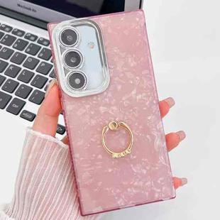 For Samsung Galaxy S25 5G Plating Glitter Texture Ring Holder TPU Phone Case with Lens Film(Pink Shell Pattern)