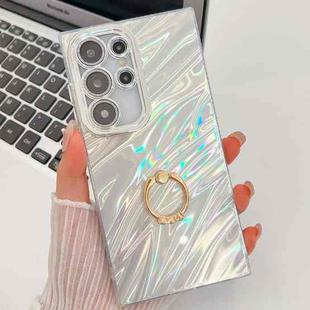 For Samsung Galaxy S25 Ultra 5G Plating Glitter Texture Ring Holder TPU Phone Case with Lens Film(White Water Ripples)