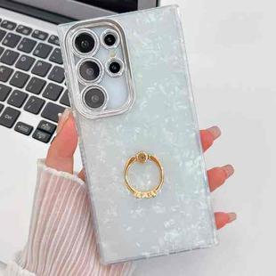 For Samsung Galaxy S25 Ultra 5G Plating Glitter Texture Ring Holder TPU Phone Case with Lens Film(White Shell Pattern)