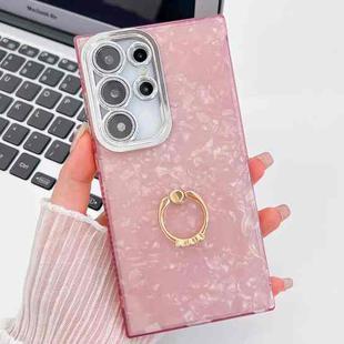 For Samsung Galaxy S25 Ultra 5G Plating Glitter Texture Ring Holder TPU Phone Case with Lens Film(Pink Shell Pattern)