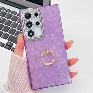 For Samsung Galaxy S25 Ultra 5G Plating Glitter Texture Ring Holder TPU Phone Case with Lens Film(Purple Shell Pattern)