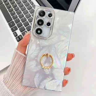 For Samsung Galaxy S25 Ultra 5G Plating Glitter Texture Ring Holder TPU Phone Case with Lens Film(White Feathers)