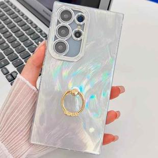 For Samsung Galaxy S25 Ultra 5G Plating Glitter Texture Ring Holder TPU Phone Case with Lens Film(White Feather Yarn)
