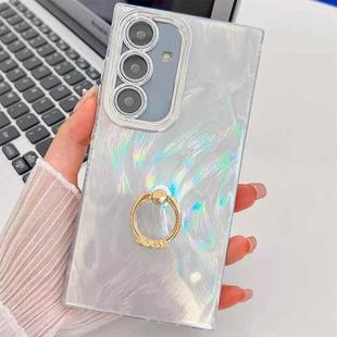 For Samsung Galaxy A16 5G Plating Glitter Texture Ring Holder TPU Phone Case with Lens Film(White Feather Yarn)