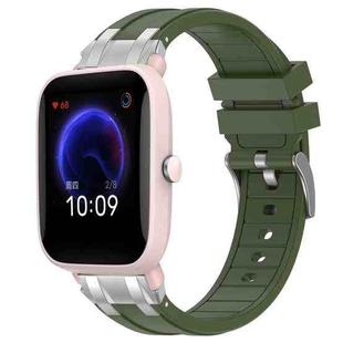 For Amazfit Pop Pro Quick Release Silver Buckle 20mm Royal Silicone Watch Band(Olive Green)