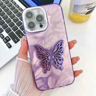 For iPhone 16 Pro Max Plating Glitter Texture Butterfly Holder TPU Phone Case with Lens Film(Purple Feathers)