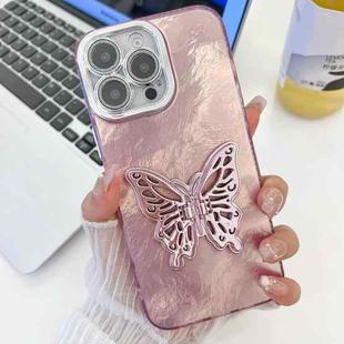 For iPhone 16 Pro Max Plating Glitter Texture Butterfly Holder TPU Phone Case with Lens Film(Pink Tinfoil Texture)