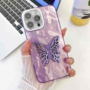 For iPhone 16 Pro Plating Glitter Texture Butterfly Holder TPU Phone Case with Lens Film(Purple Wrinkles)