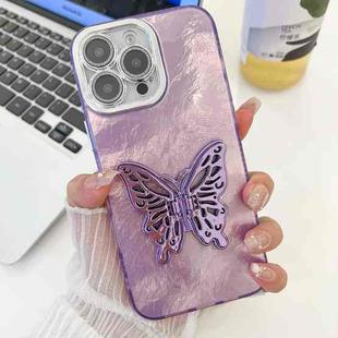 For iPhone 16 Pro Plating Glitter Texture Butterfly Holder TPU Phone Case with Lens Film(Purple Tinfoil Texture)