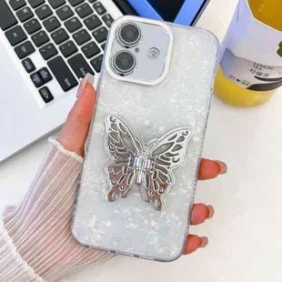 For iPhone 16 Plus Plating Glitter Texture Butterfly Holder TPU Phone Case with Lens Film(White Shell Grain)