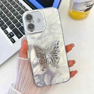 For iPhone 16 Plus Plating Glitter Texture Butterfly Holder TPU Phone Case with Lens Film(White Feathers)